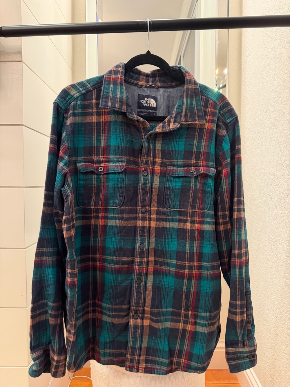 The North Face Teal and Navy Plaid Button-Up Flannel Shirt